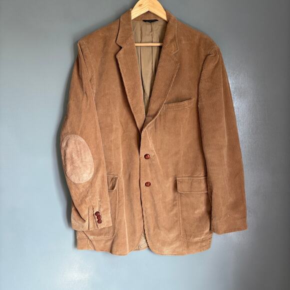 Vintage WOODMERE Men's 44L Tan Corduroy Jacket Leather Elbow Patch Retro 1970's - Picture 1 of 16